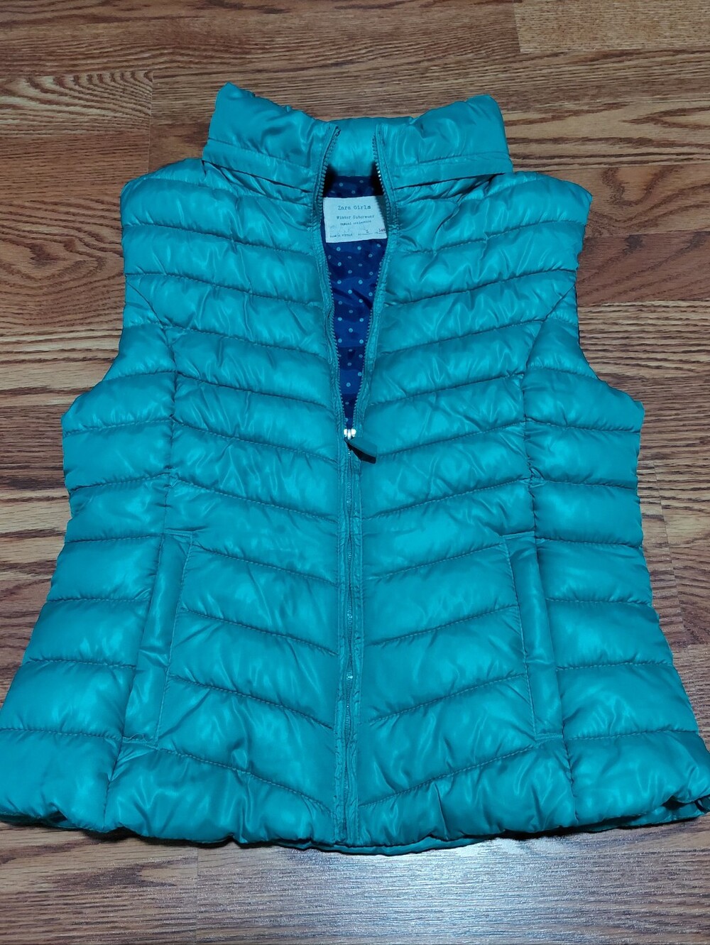 Zara Quilted Puffer Vest Kids Girl Size L Teal Blue Zipper Hidden Hood Vest